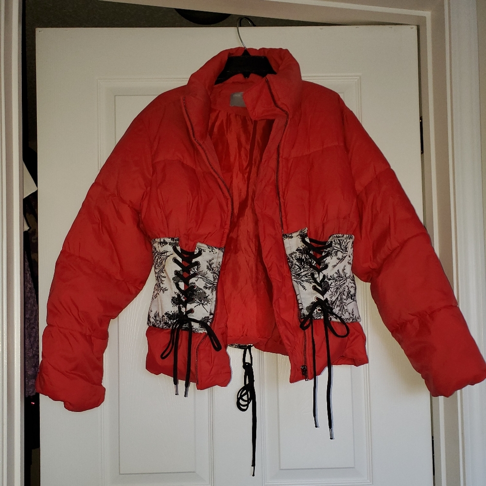 Red Puffer Coat with black and white corset